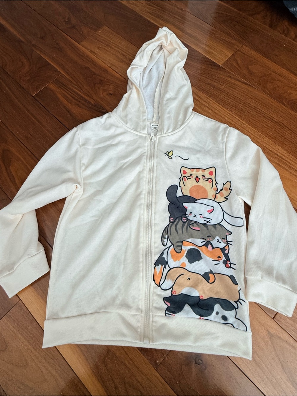 Cute Cat Stack Hooded Zip Jacket - Cream size 10